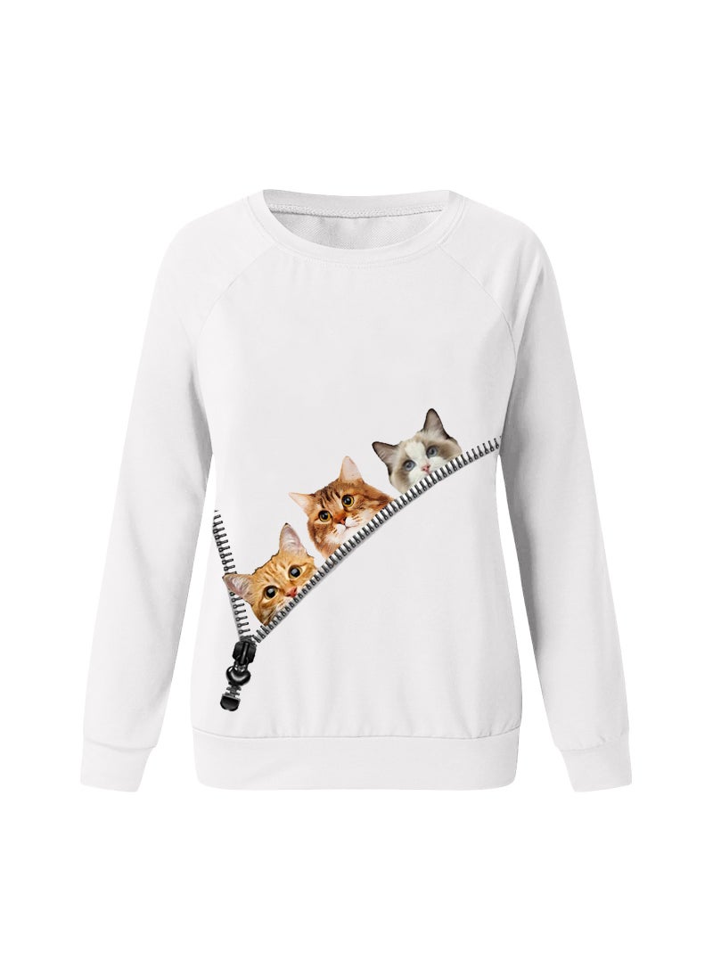 Generic - Cat Animal Pattern Printed Long Sleeve round Neck Sweatshirt Street Style Loose Fit Polyester Fiber Womens Hoodie Grey - Image 1