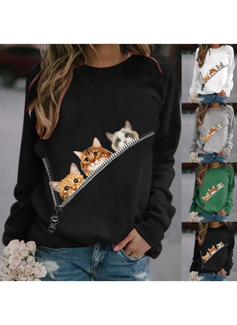 Generic - Cat Animal Pattern Printed Long Sleeve round Neck Sweatshirt Street Style Loose Fit Polyester Fiber Womens Hoodie Grey - Image 1