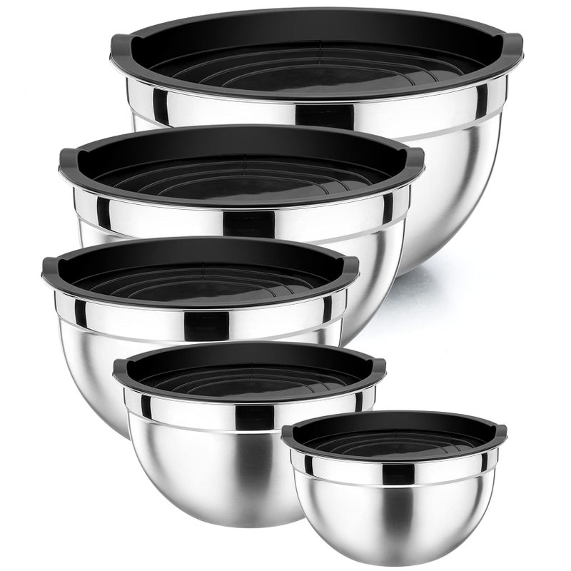HaWare Mixing Bowl Set of 5 Stainless Steel Nesting Bowls for Kitchen PreppingServing Airtight Lids SpaceSaving Storage Design with Size 071215345QT Heavy Duty  Dishwasher Safe  Black
