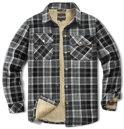 Puwasa Men's Sherpa Lined Cotton Flannel Shirt Jacket Plaid Button Up Jacket Coat for Men with Pocket Black Medium - Image 1
