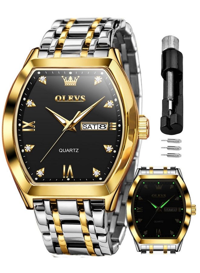 OLEVS Men Watches Square Business Dress Diamond Analog Quartz Date Luxury Watch for Men Casual Stainless Steel Waterproof Luminous Two Tone Wrist Watch Gold Black - Image 1
