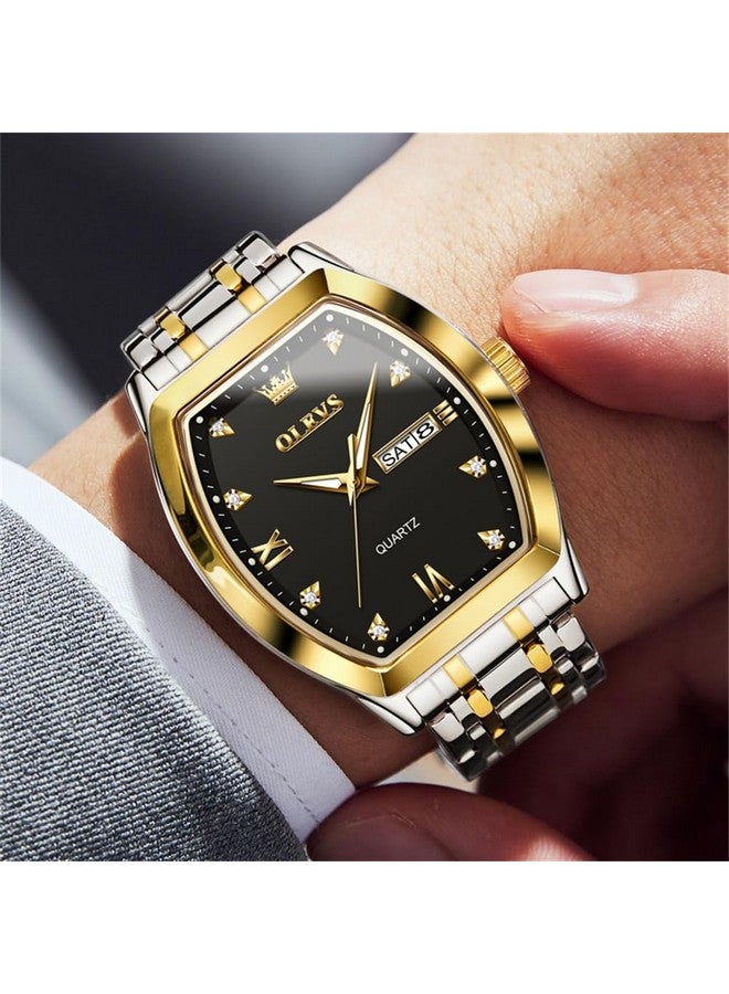 OLEVS Men Watches Square Business Dress Diamond Analog Quartz Date Luxury Watch for Men Casual Stainless Steel Waterproof Luminous Two Tone Wrist Watch Gold Black - Image 3