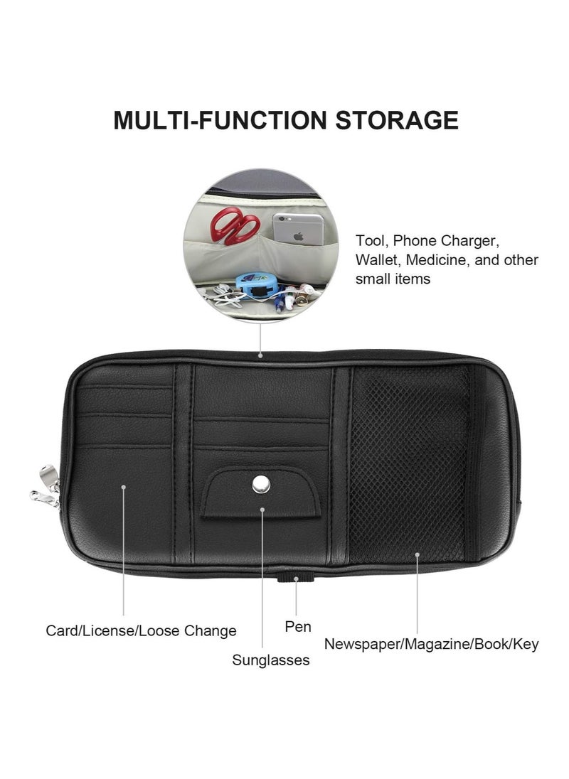 Generic Car Sun Visor Organizer Car Truck SUV Storage Pouch Registration Holder Auto Interior Accessories Leather Pocket Organizer Multi-Pocket Net Zipper for Card License Pen Key Sunglasses Black  - Image 4