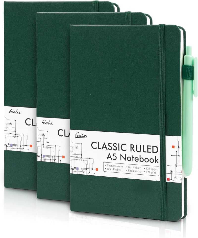 Feela 3 Pack Notebooks Journals Bulk with 3 Black Pens, A5 Hardcover Notebook Classic Ruled Lined Journal Set with Pen Holder for Work Business Journaling Note Taking, 120 GSM, 5.1”x8.3”, Dark Green - Image 1