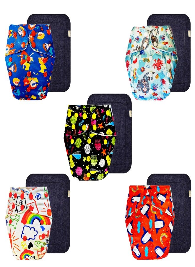 Dumbledo Premium Cloth Diaper with Black Insert (Pack of 5) | Snug Fit | Reusable & Washable | Adjustable Snaps | Ideal for Toddlers | 3 Months - 3 Years | Unisex Baby - Image 1