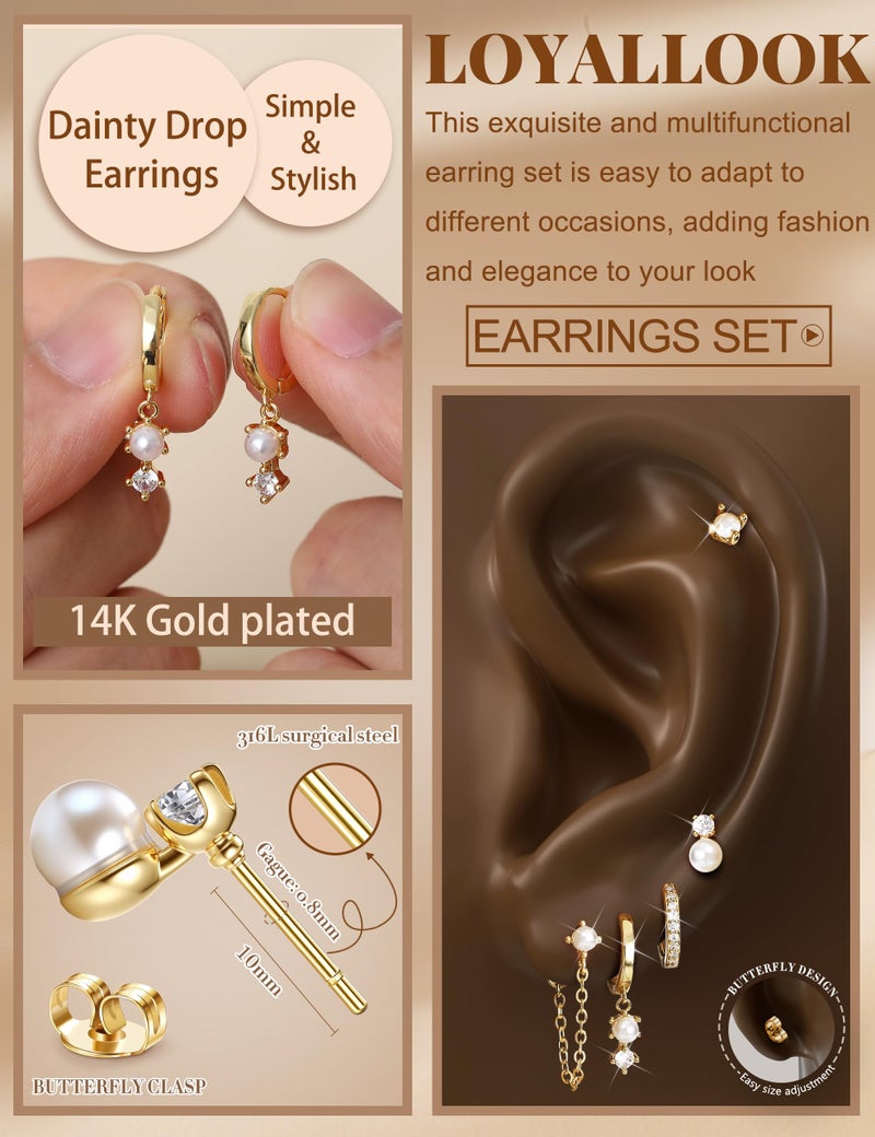 LOYALLOOK Earrings for Women Trendy - 14k Gold Plated Dangle Hoop Earring Stacks Hypoallergenic Simulated-Pearl Drop Earrings Dainty Cartilage Earring Sets for Multiple Piercing - Image 4