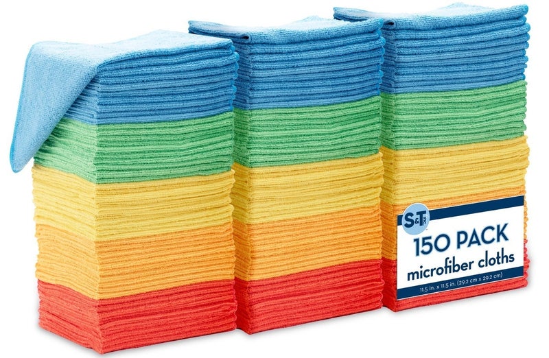 S&T INC. 150 Pack Microfiber Cleaning Cloth, Bulk Towels for Home, Reusable Microfiber Towels for Cars, Cleaning Rags, Assorted, 11.5 Inches x 11.5 Inches, 150 Count