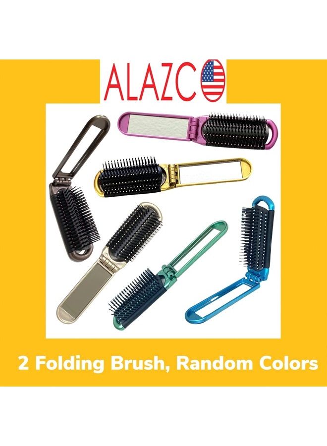 ALAZCO 2 ALAZCO Folding Hair Brush With Mirror Compact Pocket Size Travel Car Gym Bag Purse Locker (2 Assorted Colors) - Image 4