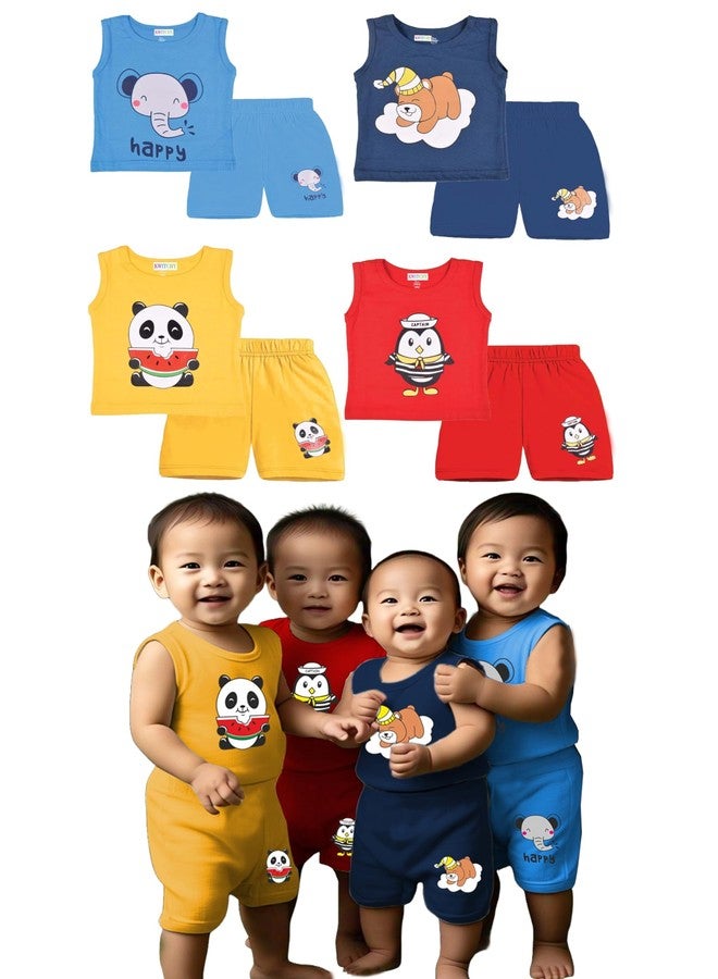 Kwitchy Unisex-Child Cotton Clothes T-Shirt & Short Set | | Printed | Round Neck | Sleeveless Tees | Shorts | Summer | Clothing Sets (Pack of 4) 6-12 Months, Multicolour - Image 1