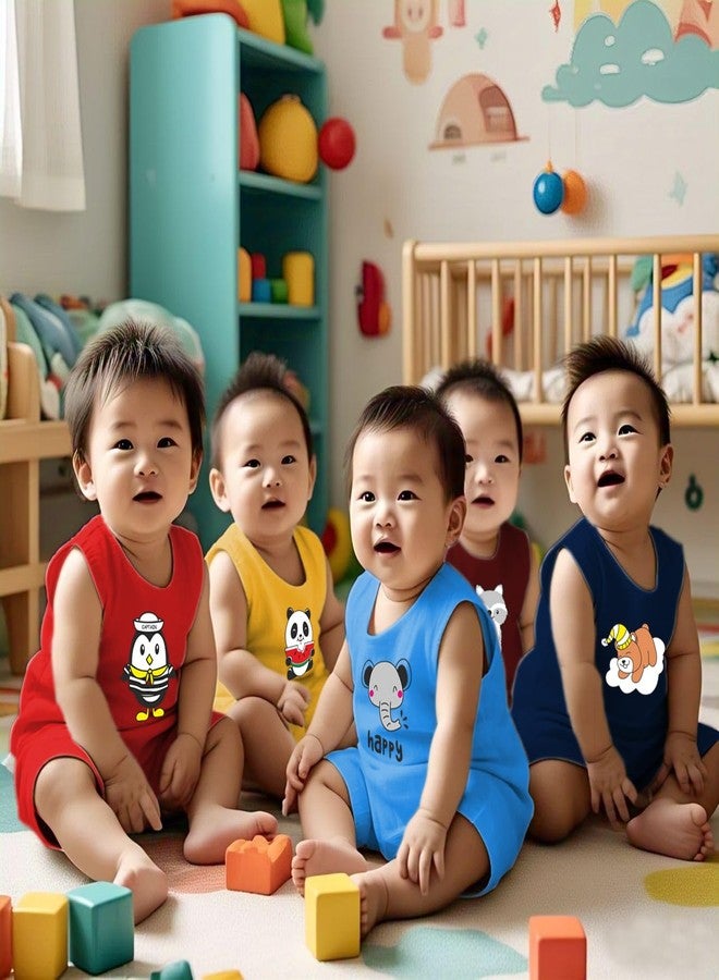 Kwitchy Unisex-Child Cotton Clothes T-Shirt & Short Set | | Printed | Round Neck | Sleeveless Tees | Shorts | Summer | Clothing Sets (Pack of 4) 6-12 Months, Multicolour - Image 3