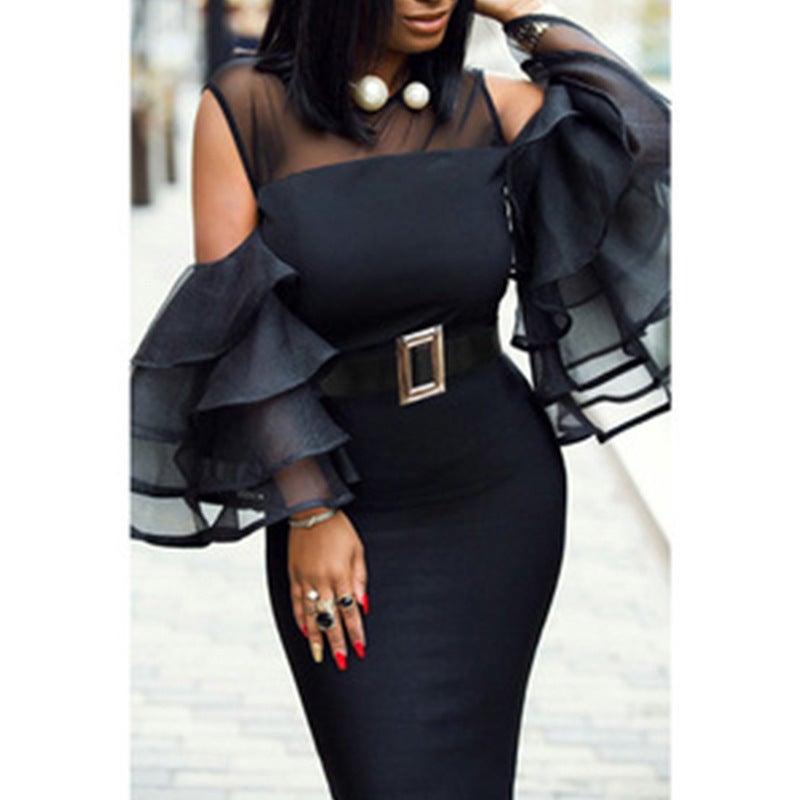 Foreign trade womens hot style dress lotus sleeve short sleeve new European and American dress belt fashion temperament Blue  - Image 3