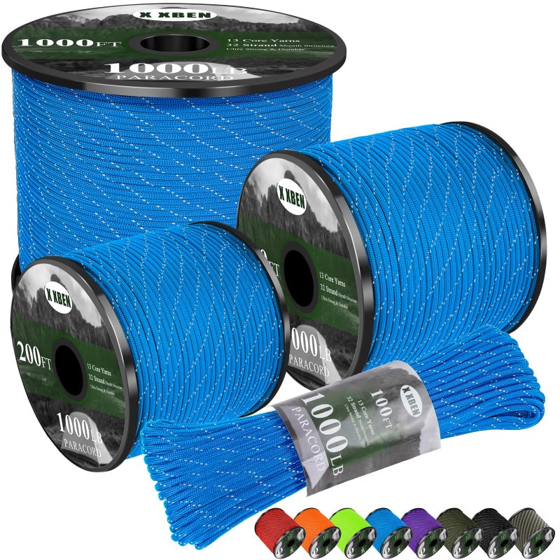 X XBEN Paracord Reflective 1000lb, 50/100/200/500/1000ft 4mm, 13 Strand Parachute Spool Cord, Heavy Duty Paracord Rope for Camping, Fishing, Hiking, Hunting, DIY Crafts, Blue - Image 1