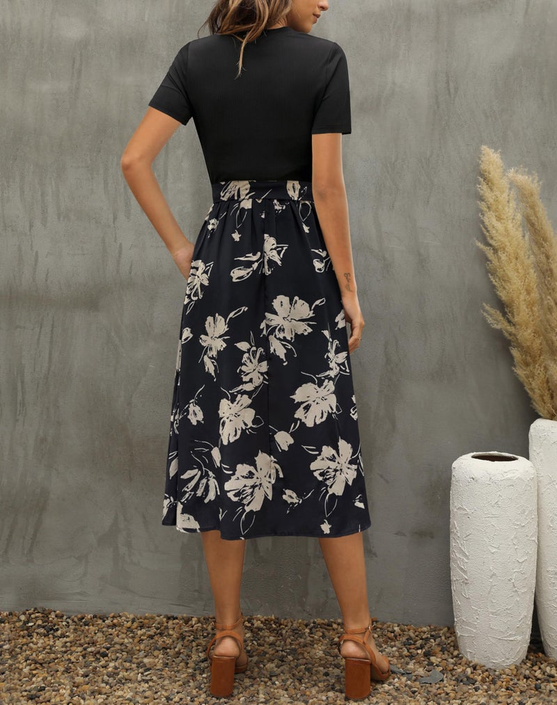 Zattcas Women 2026 Summer Dresses Short Sleeve Ribbed Teacher Church Modest Business Casual Work Outfits Midi Dress with Pockets Blackx L - Image 3