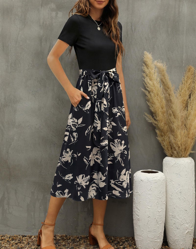 Zattcas Women 2026 Summer Dresses Short Sleeve Ribbed Teacher Church Modest Business Casual Work Outfits Midi Dress with Pockets Blackx L - Image 2