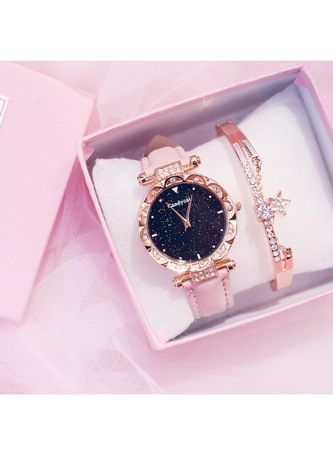 Ladies' diamond studded watch and bracelet set, fashionable and minimalist dial belt, quartz watch, star bracelet gift set - Image 1