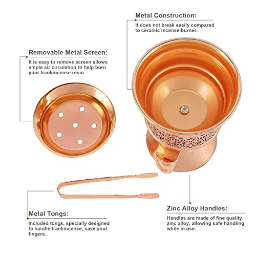 HOCUROAY Metal Frankincense Resin Incense Burner, Incense Censer, Portable Bakhoor Burner, Charcoal Bakhoor Burner, Myrrh Burner with Tongs for Yoga, Spa Aromatherapy (Rose Gold) - Image 3