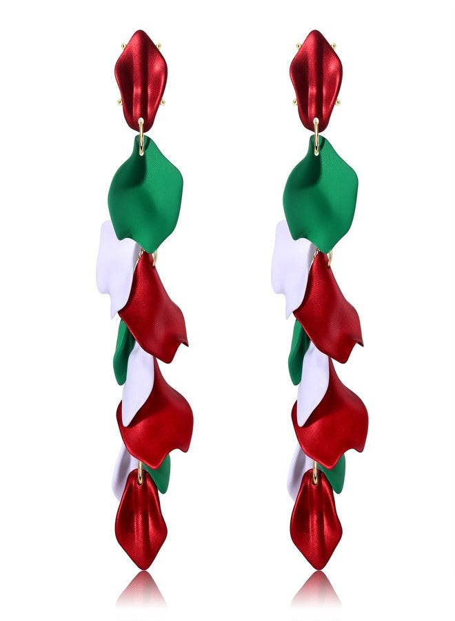 PHALIN Christmas Petal Earrings Acrylic Rose Petal Dangle Earrings for Women Exaggerated Tiered Long Resin Flower Earings Statement Holiday Tassel Earings Xmas Festive Accessories (White&Red&Green) - Image 1