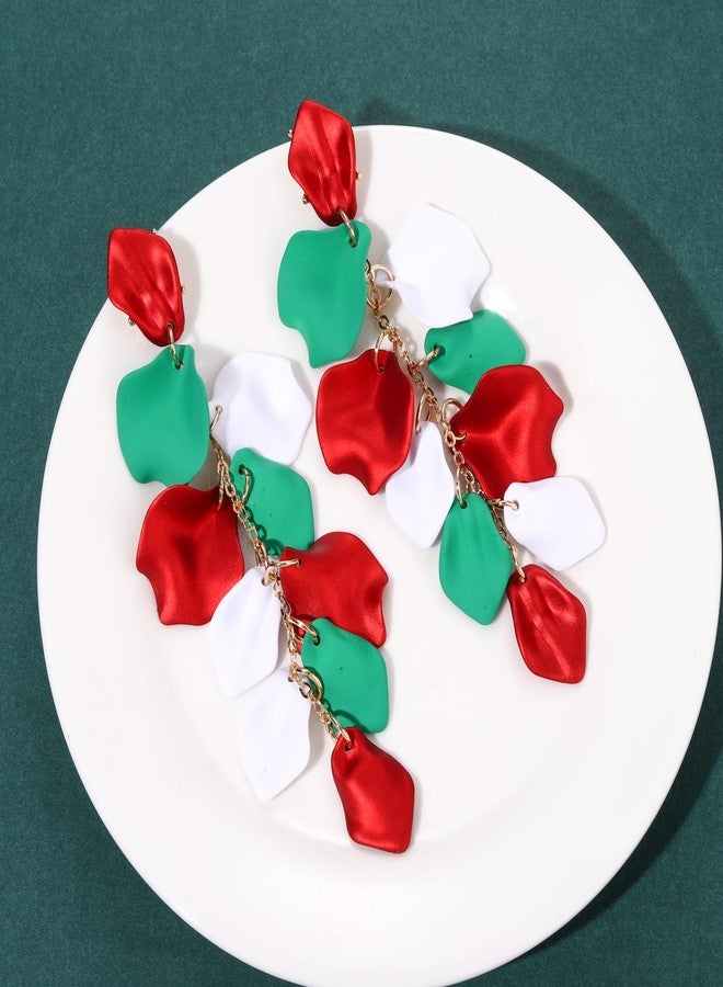 PHALIN Christmas Petal Earrings Acrylic Rose Petal Dangle Earrings for Women Exaggerated Tiered Long Resin Flower Earings Statement Holiday Tassel Earings Xmas Festive Accessories (White&Red&Green) - Image 4
