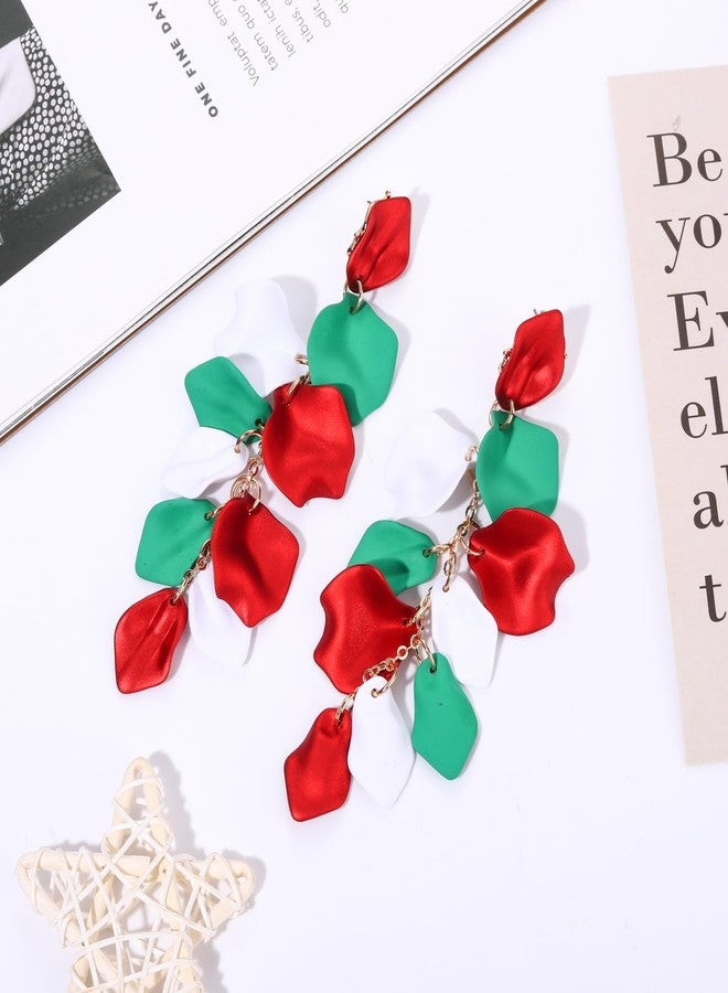 PHALIN Christmas Petal Earrings Acrylic Rose Petal Dangle Earrings for Women Exaggerated Tiered Long Resin Flower Earings Statement Holiday Tassel Earings Xmas Festive Accessories (White&Red&Green) - Image 5