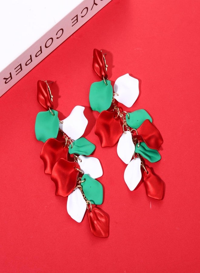 PHALIN Christmas Petal Earrings Acrylic Rose Petal Dangle Earrings for Women Exaggerated Tiered Long Resin Flower Earings Statement Holiday Tassel Earings Xmas Festive Accessories (White&Red&Green) - Image 2