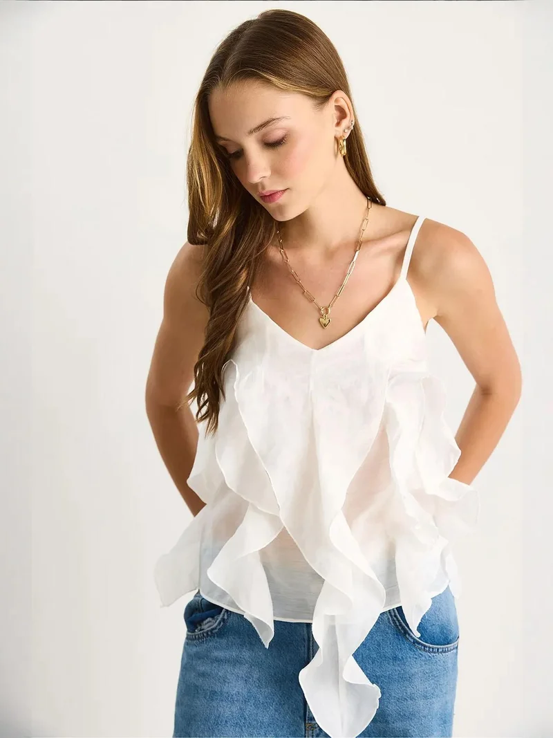 Bianco Lucci LUCCI V-Neck Cotton Blouse with Ruffle Detail