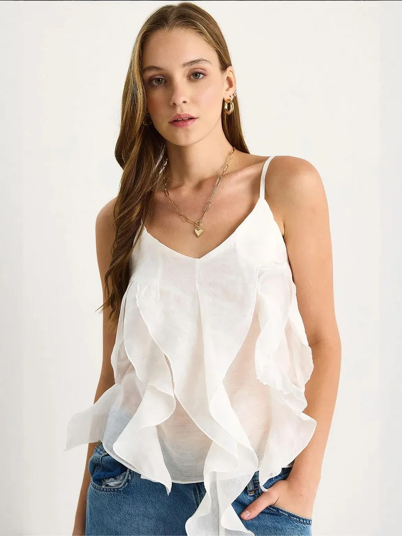 Bianco Lucci LUCCI V-Neck Cotton Blouse with Ruffle Detail