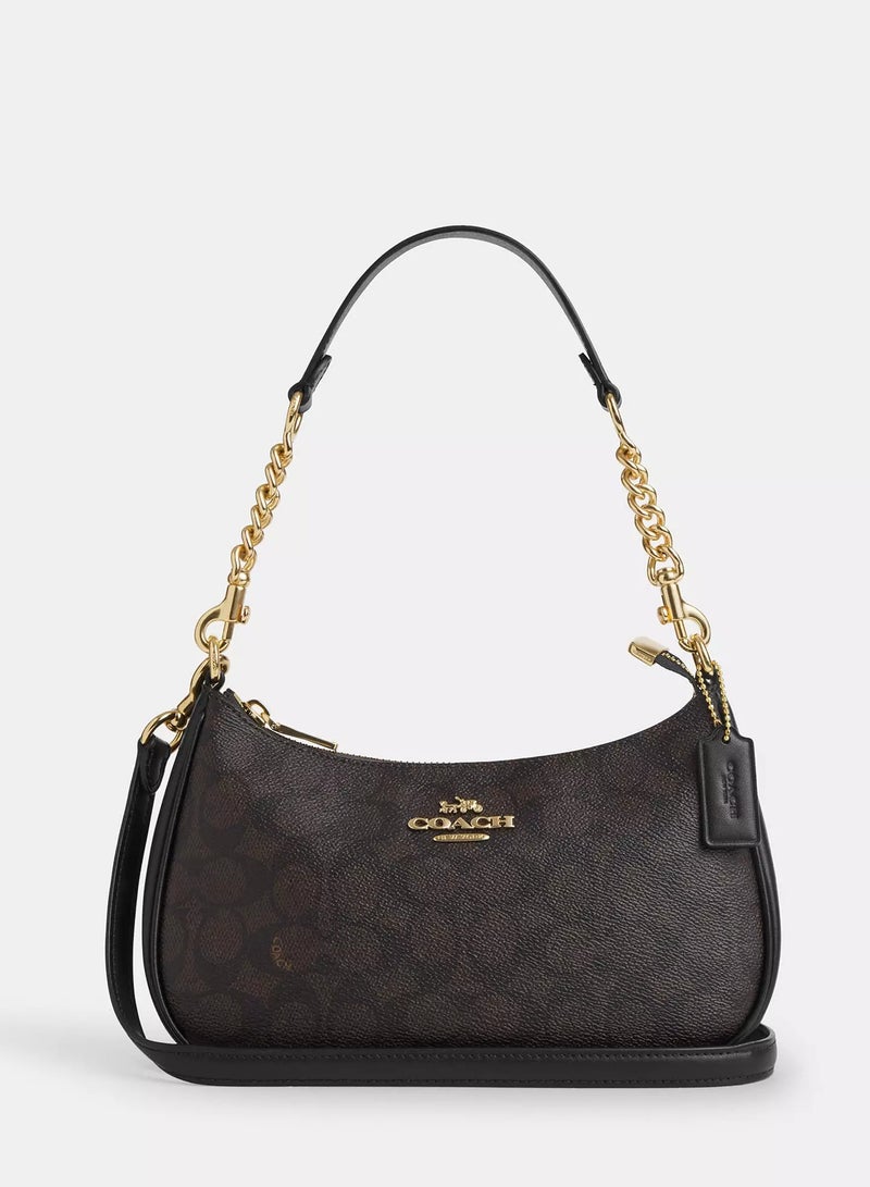 coachoutlet Coach Teri Women's Shoulder Bag In Signature Canvas, Women's Hand Bag, Women's Hobo Bag, Women's Tote Bag, Women's Travel Bag, Walnut- Black 24cm - Image 1