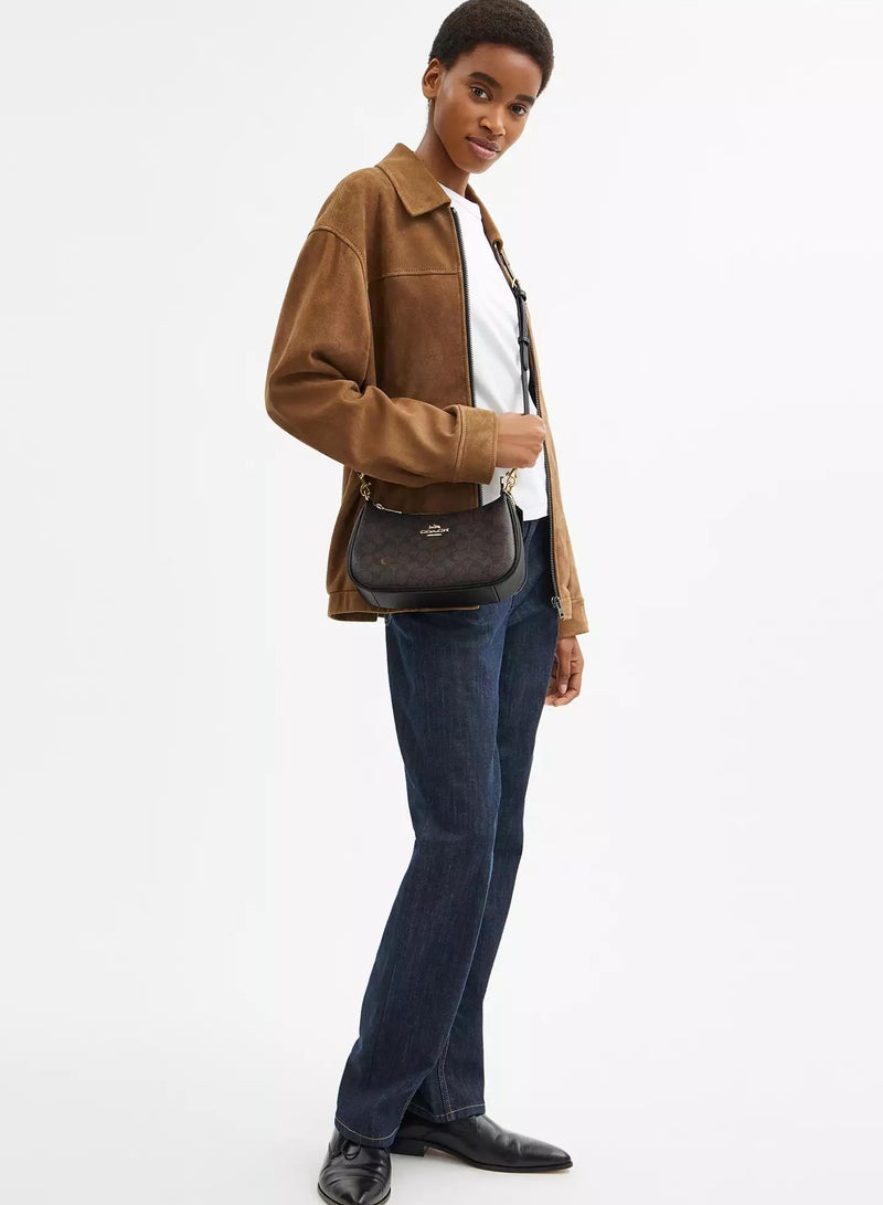 coachoutlet Coach Teri Women's Shoulder Bag In Signature Canvas, Women's Hand Bag, Women's Hobo Bag, Women's Tote Bag, Women's Travel Bag, Walnut- Black 24cm - Image 3