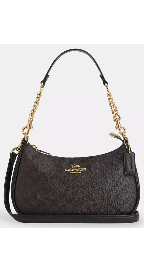 Coach Teri Women's Shoulder Bag In Signature Canvas, Women's Hand Bag, Women's Hobo Bag, Women's Tote Bag, Women's Travel Bag, Walnut- Black 24cm