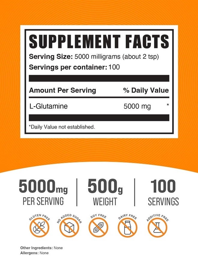 BULKSUPPLEMENTS.COM مسحوق L-جلوتامين - مكمل جلوتامين، L-جلوتامين 5000 ملغ، مسحوق L جلوتامين - بدون نكهة وخالي من الغلوتين، 5000 ملغ لكل حصة، 500 غ (1.1 رطل) (عبوة من 1) - Image 2