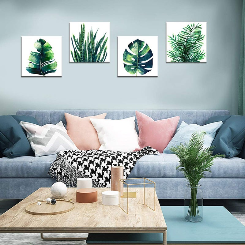 YOOOAHU Boho Tropical Wall Art Bathroom Decor Green Plant Pictures Wall Decor for Living Room Minimalist Botanical Leaf Canvas Artworks Kitchen Sage Monstera Framed Poster Bedroom Home Decorations 12x12" 4Pcs - Image 2