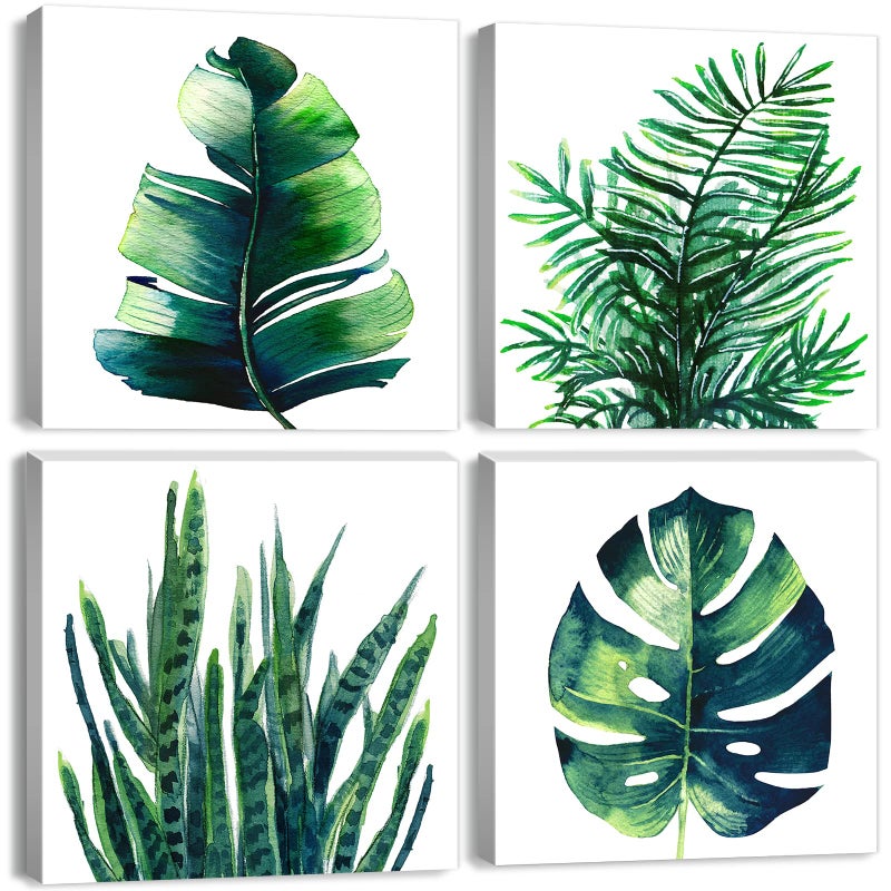 YOOOAHU Boho Tropical Wall Art Bathroom Decor Green Plant Pictures Wall Decor for Living Room Minimalist Botanical Leaf Canvas Artworks Kitchen Sage Monstera Framed Poster Bedroom Home Decorations 12x12" 4Pcs - Image 1