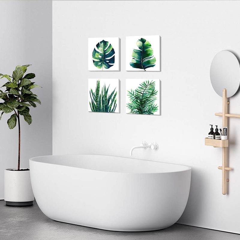 YOOOAHU Boho Tropical Wall Art Bathroom Decor Green Plant Pictures Wall Decor for Living Room Minimalist Botanical Leaf Canvas Artworks Kitchen Sage Monstera Framed Poster Bedroom Home Decorations 12x12" 4Pcs - Image 3