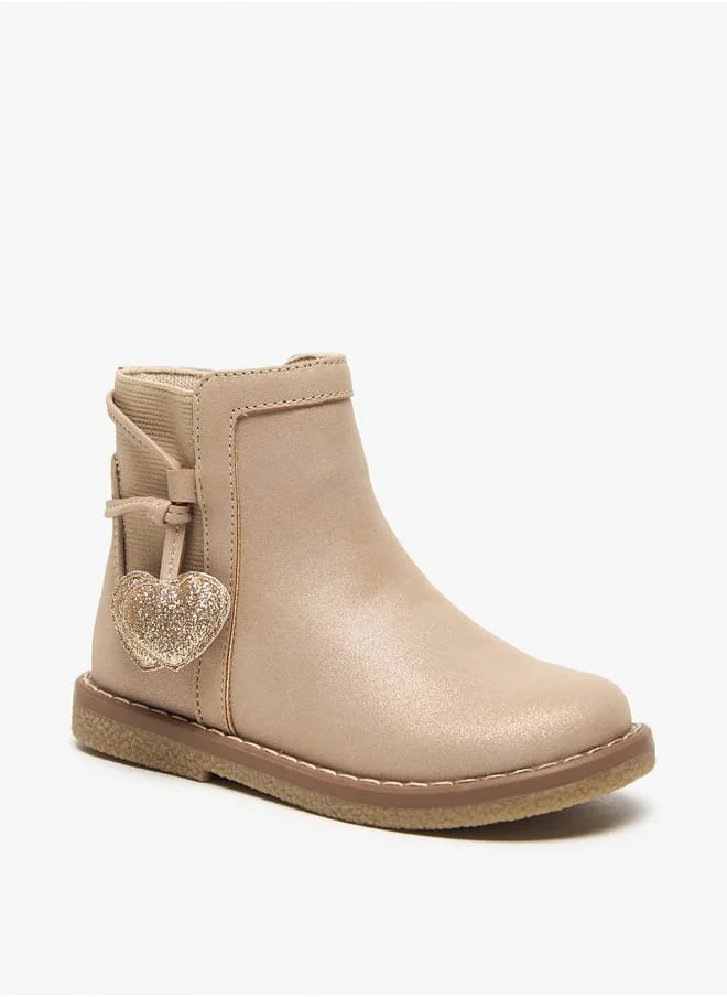 جونيورز Solid Ankle Boots with Zip Closure and Heart Patches