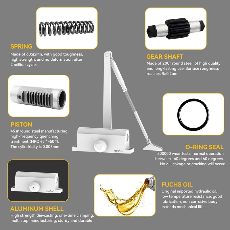 GEKRONE Automatic Door Closer Heavy Duty Fire Prevention Spring Hydraulic Aluminum Alloy Surface Mounted Residential Commerical Door Closer Hold Open Adjust Speed Door Weights 187-231 Lbs Size3-White - Image 3