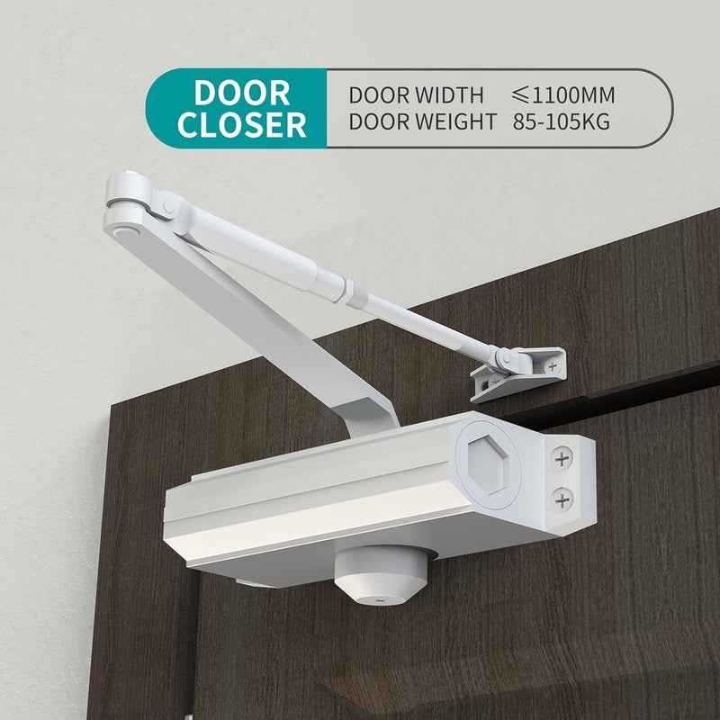 GEKRONE Automatic Door Closer Heavy Duty Fire Prevention Spring Hydraulic Aluminum Alloy Surface Mounted Residential Commerical Door Closer Hold Open Adjust Speed Door Weights 187-231 Lbs Size3-White - Image 2