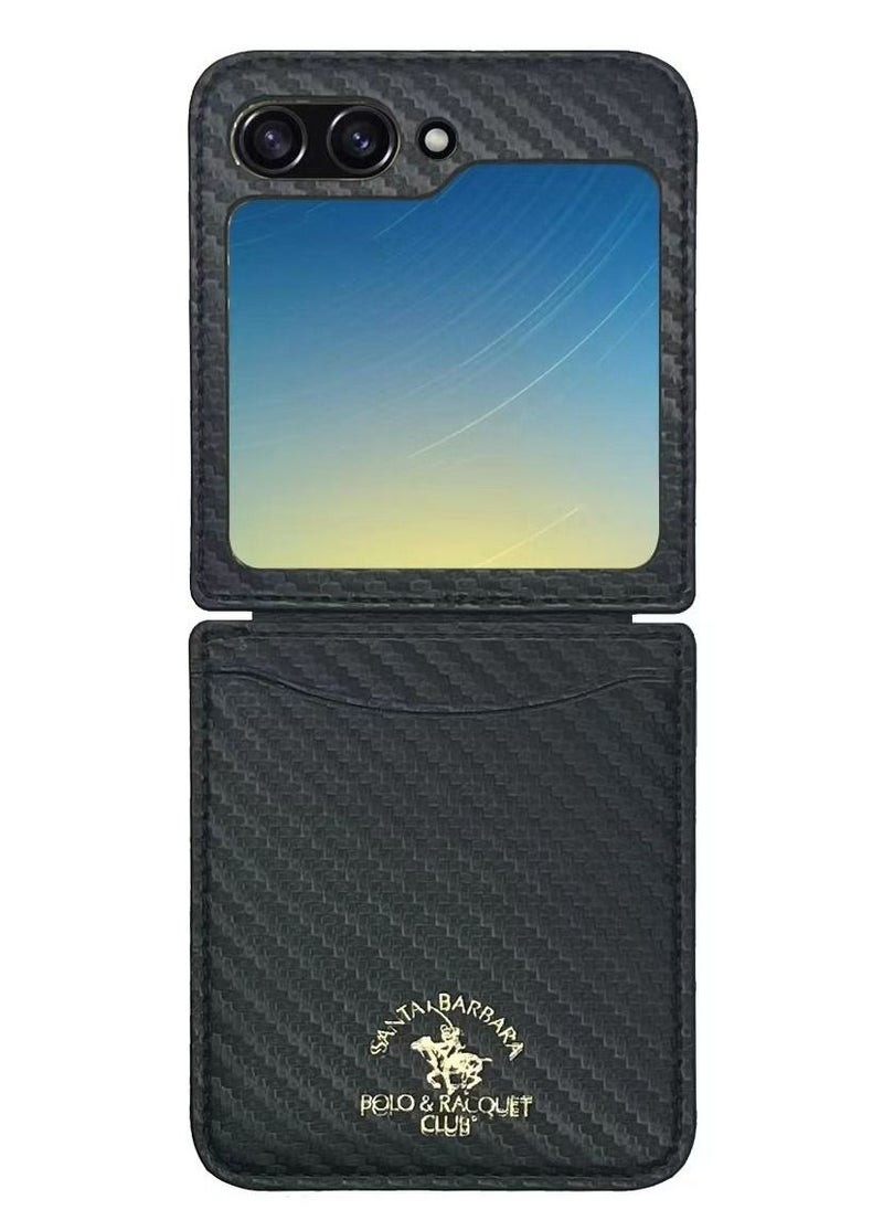 SANTA BARBARA POLO & RACQUET CLUB Kent series Genuine Back Case Carbon Fiber Pattern Leather Phone Case for Samsung Galaxy Z Flip 5 - Black  - Image 1