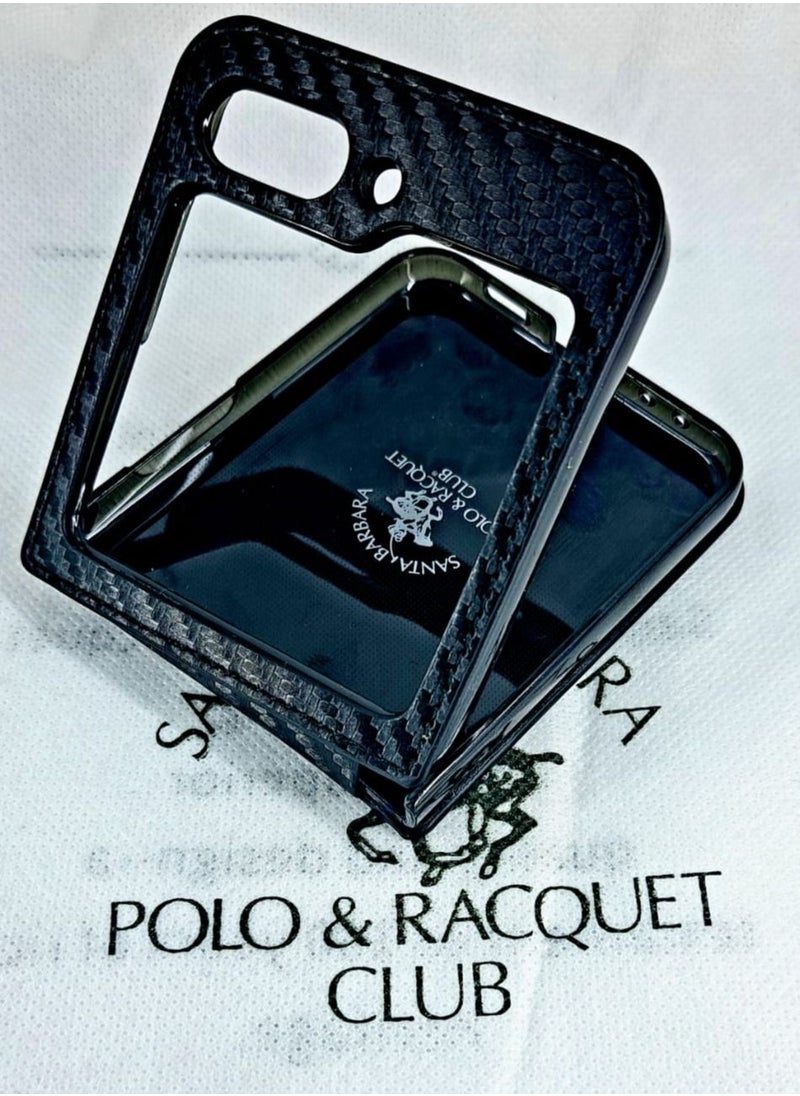 SANTA BARBARA POLO & RACQUET CLUB Kent series Genuine Back Case Carbon Fiber Pattern Leather Phone Case for Samsung Galaxy Z Flip 5 - Black  - Image 2