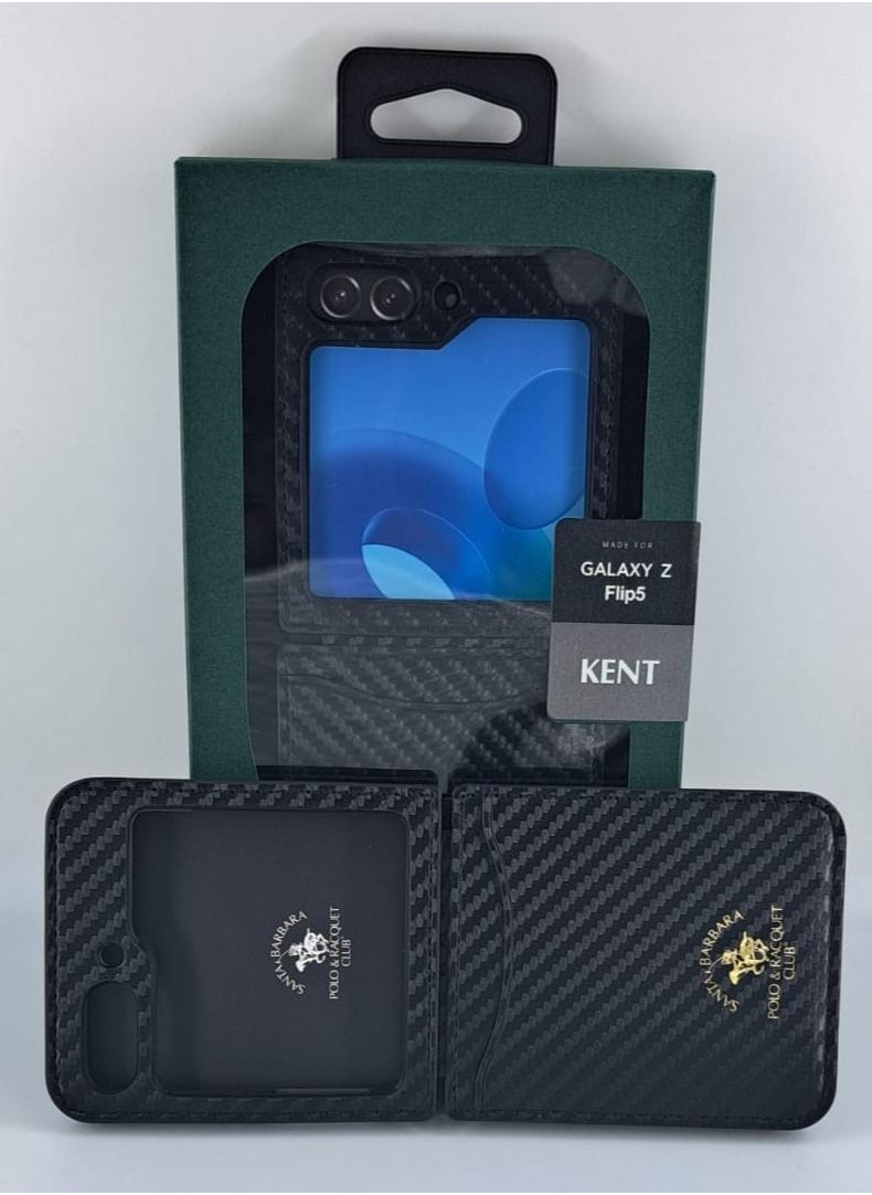 SANTA BARBARA POLO & RACQUET CLUB Kent series Genuine Back Case Carbon Fiber Pattern Leather Phone Case for Samsung Galaxy Z Flip 5 - Black  - Image 4