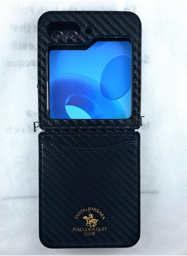 SANTA BARBARA POLO & RACQUET CLUB Kent series Genuine Back Case Carbon Fiber Pattern Leather Phone Case for Samsung Galaxy Z Flip 5 - Black  - Image 3