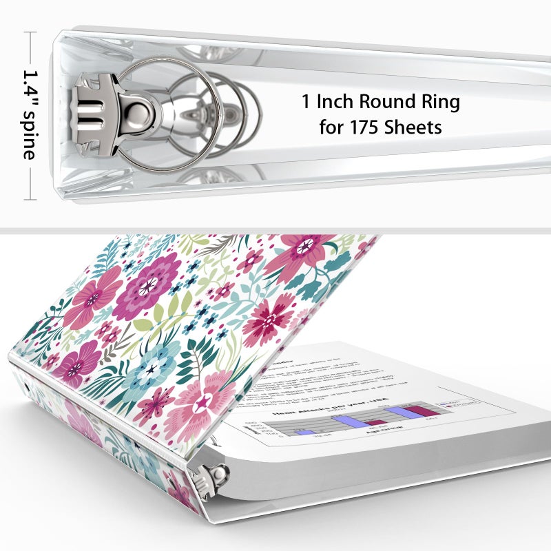 Eyrozill Floral 3 Ring Binder 1 Inch, Decorative Recipe Binders, Client Records with Clear Interior Pockets for Letter-Size(11" x 8.5") Paper, PVC Cover (Colorful) - Image 4