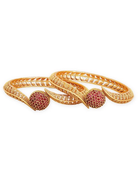 Stylish Set of 2 18K Gold Plated Ruby Studded Geru Polish Traditional Bangles.
