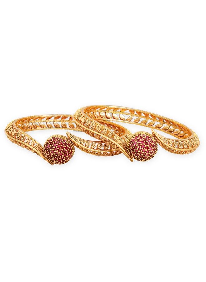Rubans - Stylish Set of 2 18K Gold Plated Ruby Studded Geru Polish Traditional Bangles. - Image 1