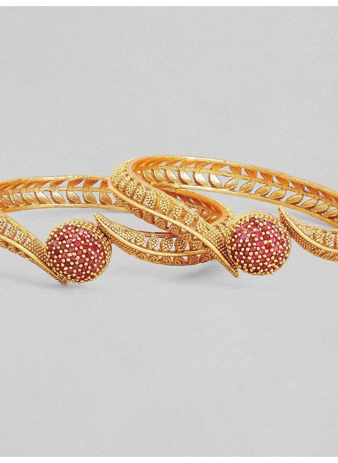 Rubans - Stylish Set of 2 18K Gold Plated Ruby Studded Geru Polish Traditional Bangles. - Image 1