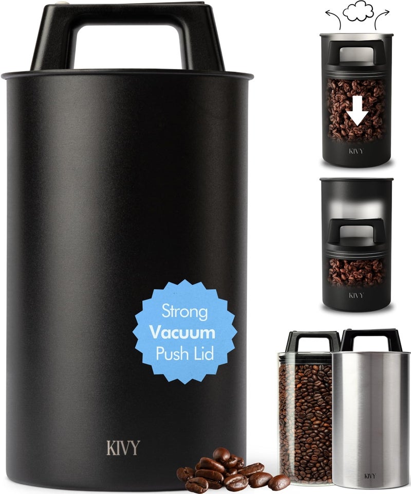 KIVY Vacuum Coffee Canister - Push Lid Preserves Coffee Aroma & Oil - Stainless Steel Airtight Coffee Canister - Container for Ground & Coffee Bean Storage - Coffee Storage Jar - Removes Excess Air - Image 1