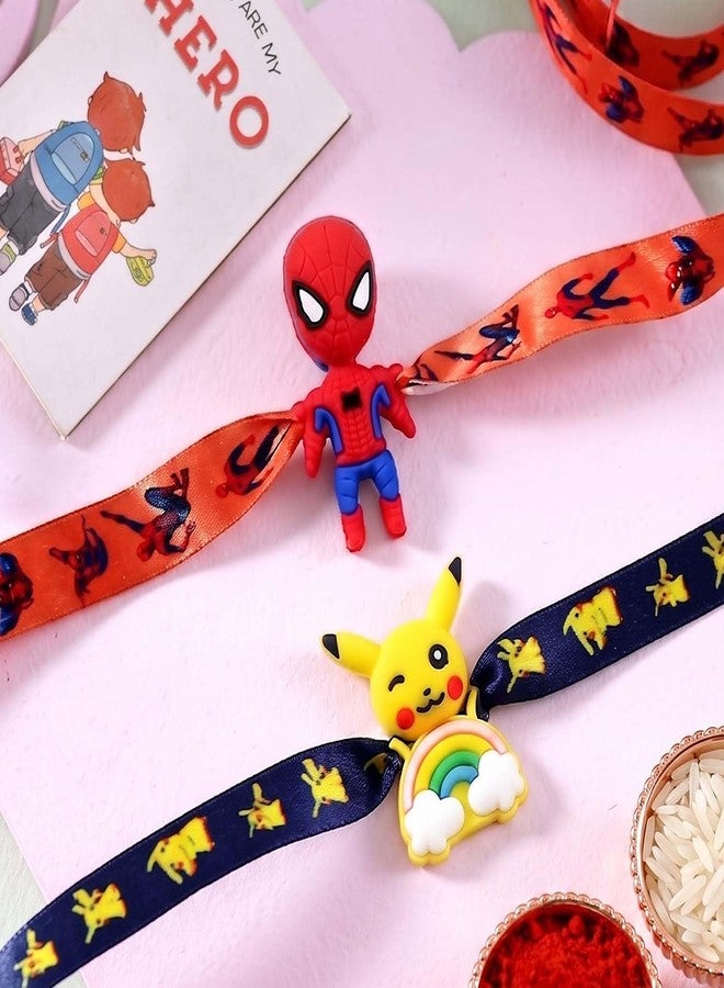 ascension Pack of 2 Kids Rakhi Cartoon Character Wrist Slap Band Cute Soft Rubber Bracelet for Girls & Boys Brother Raksha Bandhan With You are My Hero Fridge Magnet & Roli Tilak Pack - Image 1