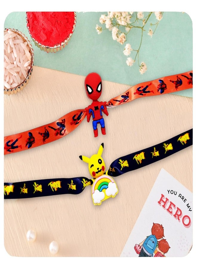ascension Pack of 2 Kids Rakhi Cartoon Character Wrist Slap Band Cute Soft Rubber Bracelet for Girls & Boys Brother Raksha Bandhan With You are My Hero Fridge Magnet & Roli Tilak Pack - Image 2