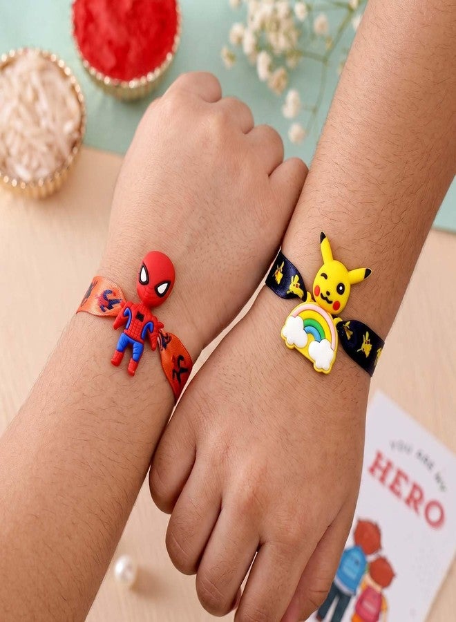 ascension Pack of 2 Kids Rakhi Cartoon Character Wrist Slap Band Cute Soft Rubber Bracelet for Girls & Boys Brother Raksha Bandhan With You are My Hero Fridge Magnet & Roli Tilak Pack - Image 5