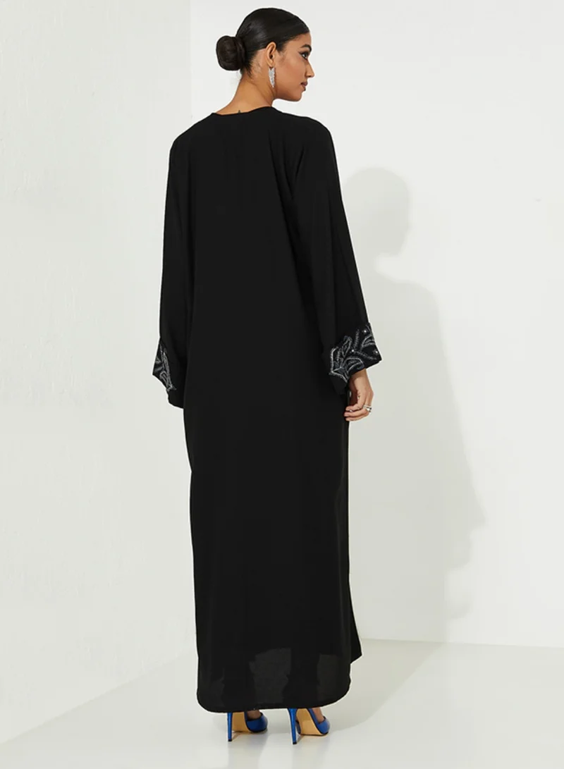 روزيت عباية Black Abaya with Navy and silver Stitching design