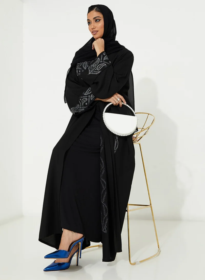 روزيت عباية Black Abaya with Navy and silver Stitching design